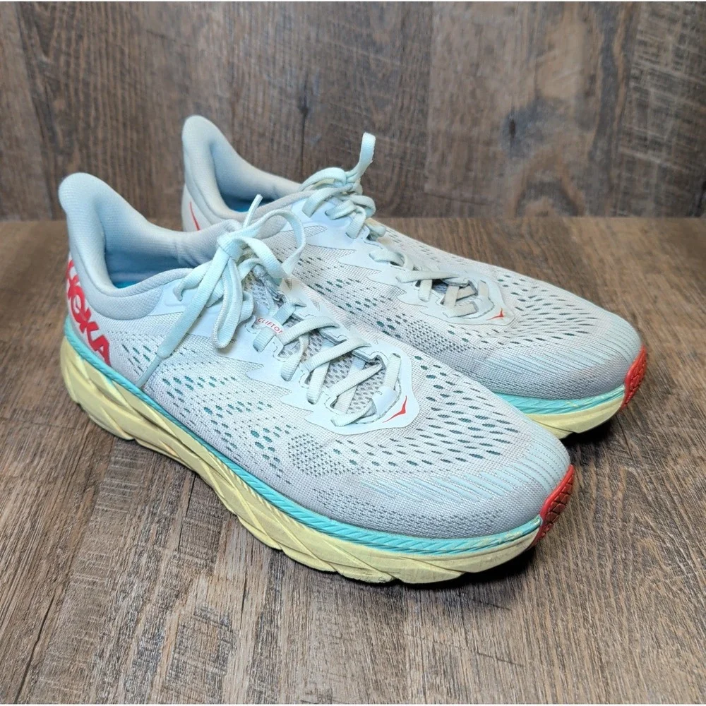 Hoka One One Clifton 7 Womens Size 9.5 Running Sneaker Morning Mist Hot Coral